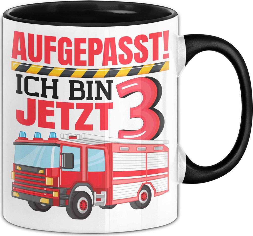 3. Geburtstag Geschenk Tasse Becher Jungs Feuerwehr Aufgepasst Ich Bin Jetzt 3 (Schwarz)