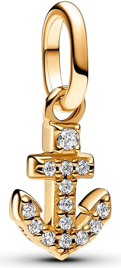 A close-up studio shot of a gold anchor charm with clear stones, set against a white background.