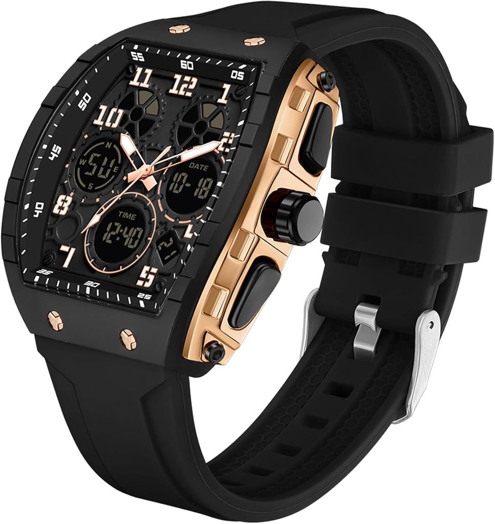 Multifunktion Herrenuhr Cooles Design Kreative Herren Uhren Digital Analog Quarz Armbanduhr mit Doppelzeit Timer Stoppuhr 5ATM Wasserdicht Sportuhr
