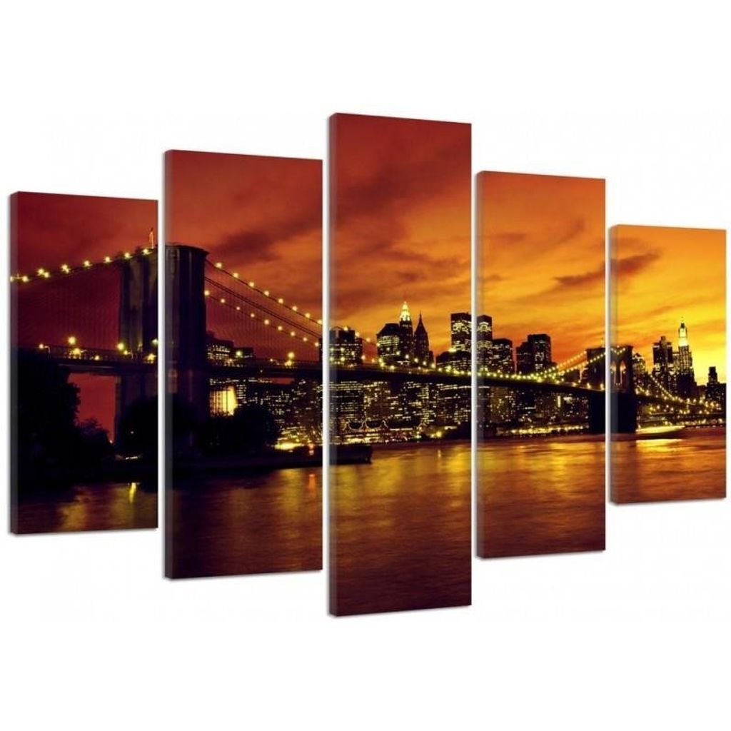 5-teiliges leinwandbild brooklyn bridge und manhattan bei sonnenuntergang 100x70 cm Feeby braun wandbild bereit zum aufhängen
