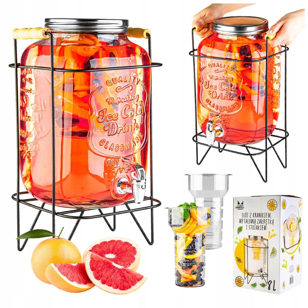 Getränkespender Glas 8 l mit Zapfhahn, Metallständer und Produktbild 