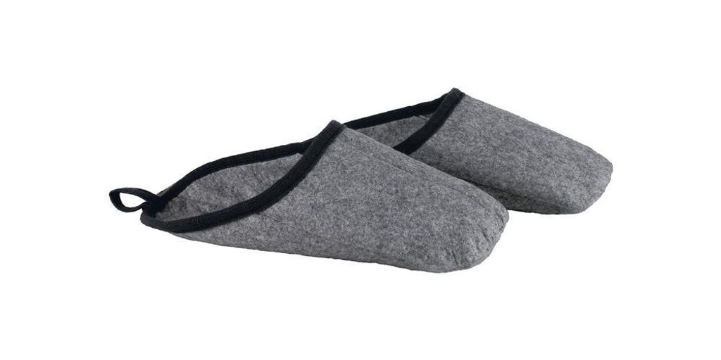 A pair of gray felt slippers with black trim, shown on a white background.
