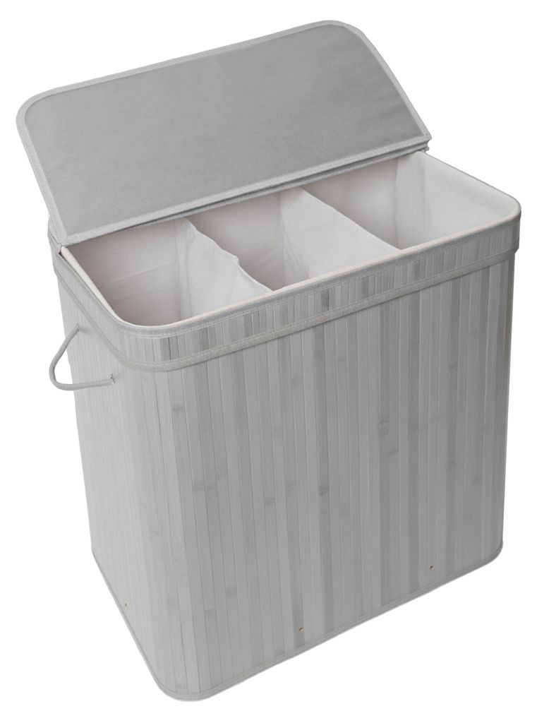 Relaxdays Wäschekorb mit Deckel, Bambus, 150 l, 3 Fächer, HxBxT: 61,5 x 61 x 41,5 cm, Badezimmer Wäschetruhe, grau