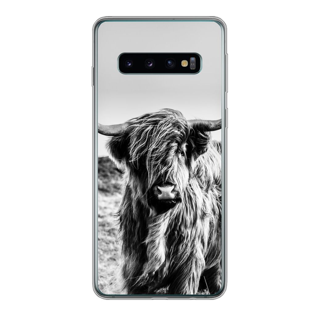 MuchoWow Handyhülle Schutzhülle Hülle für Samsung Galaxy S10 Kuh - Schottischer Hochländer - Schwarz - Weiß - Tier - Natur - Wildtiere Sili...