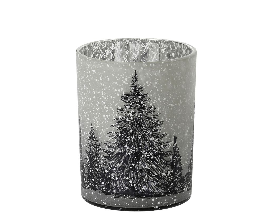 Teelichthalter Glas 8cm mit Tannenbaum Motiv Grau