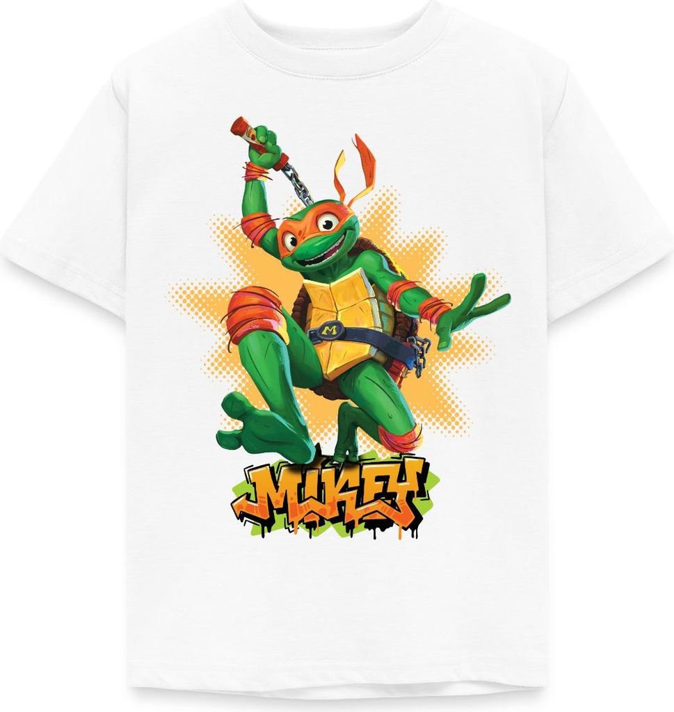Spreadshirt TMNT Mutant Mayhem Turtle Mikey Kinder T-Shirt, 98/104 (3-4 Jahre), Weiß
