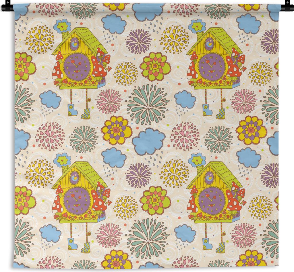 MuchoWow Wandteppich Wandbehang Kuckucksuhr - Muster - Pilz - Blumen 150x150 cm Tapisserie Dekoration Wandtuch - Wohnaccessoires - Modernes
