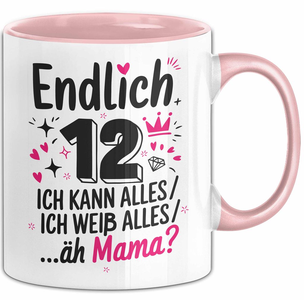 12 Geburtstag Teenager Tasse Geschenk Lustige Geschenkidee Spruch Endlich 12 Ich Kann Alles Ich Weiß Alles Ähm Mama (Rosa)