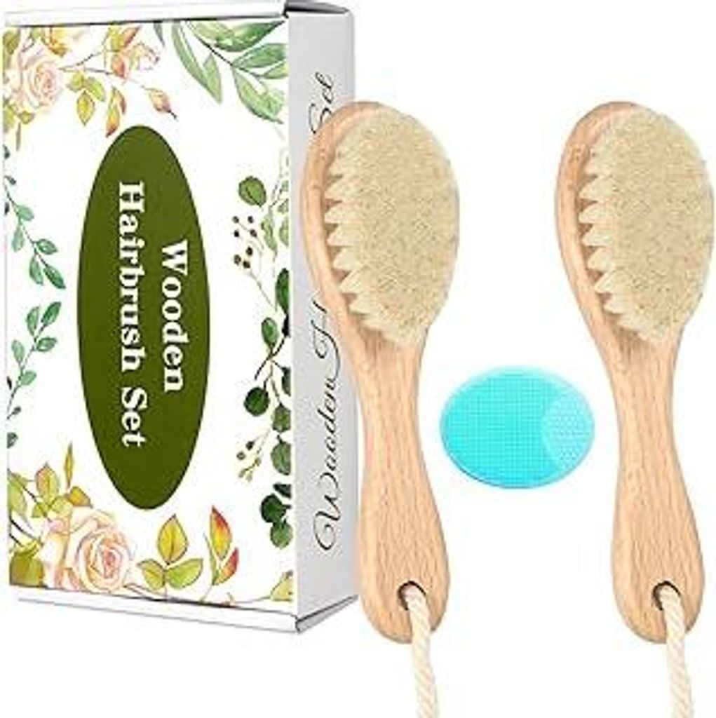 Baby-Holzbürste und Kamm, 2 Stück, natürliche Ziegenborsten, Haarbürste mit Wiegenkappe, Kamm für Neugeborene, Kleinkinder, Neugeborene, Junge...