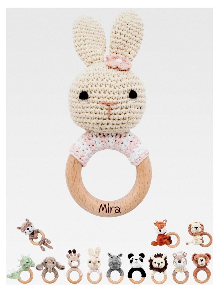 Personalisierter Beißring für Babys - Niedlicher Greifling ab 0 Monaten - Babyrassel mit Name als Geschenk für Mädchen und Jungen (Gestreifter ...