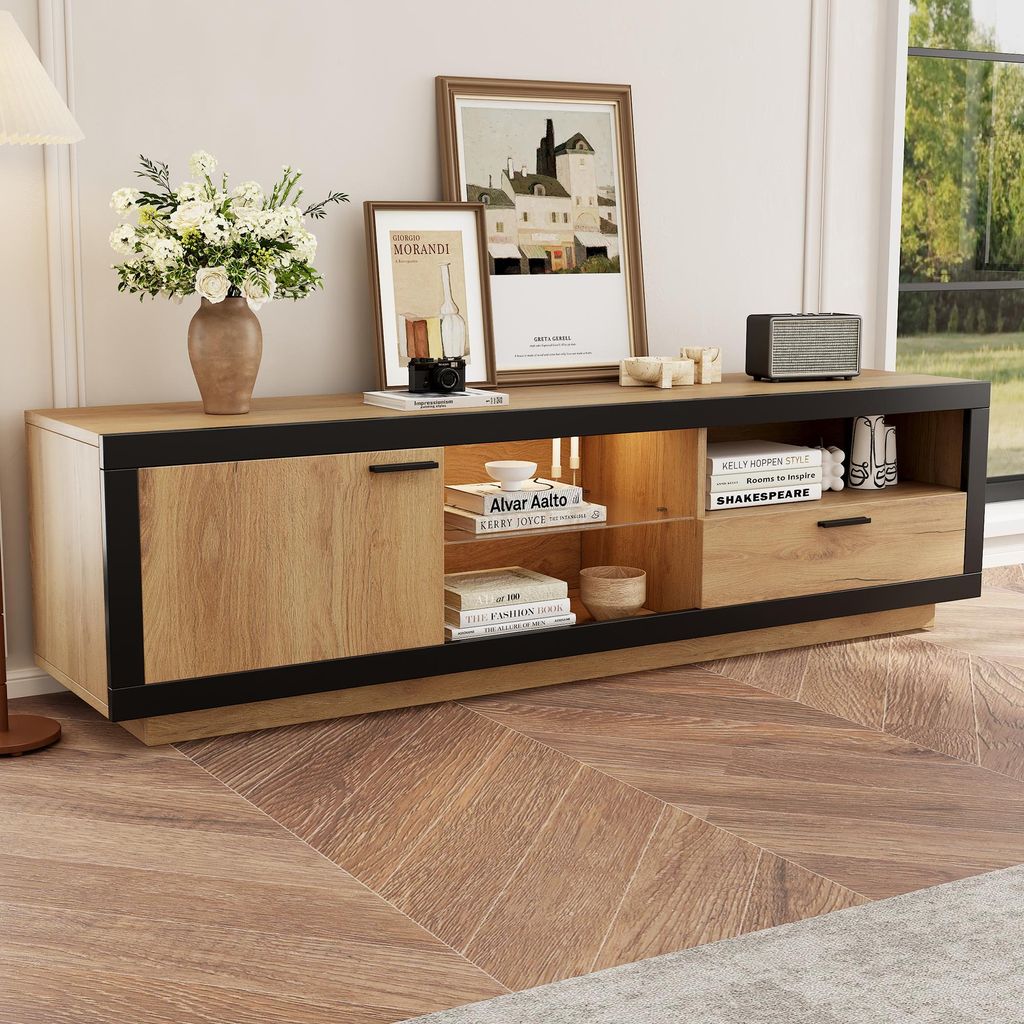 Merax LED-TV-Schrank 160 cm mit Schublade und Glasablagen, Lowboard für 40–70 Zoll Fernseher, Schwarz/Eiche, TV Möbel mit RGB-App-Steuerung, St...