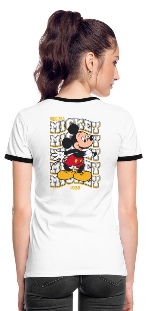 Mickey & Minnie Mickey Mouse Original 1928 Frauen Kontrast T-Shirt, XL, Weiß/Schwarz