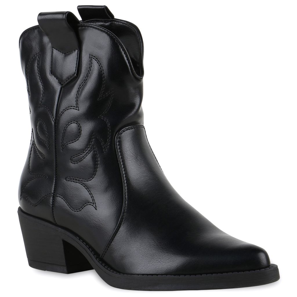 VAN HILL Damen Cowboy Boots Stiefeletten - Mit Blockabsatz & Spitze