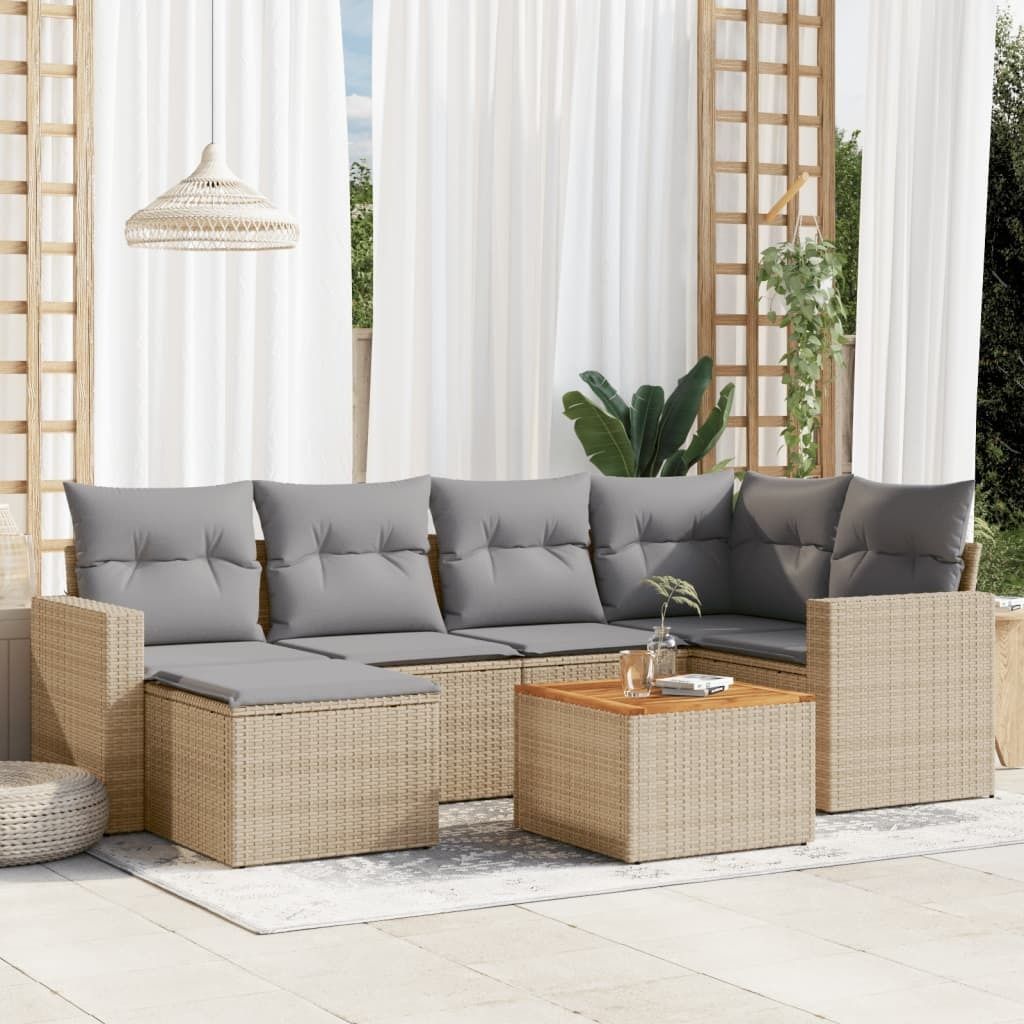 Design 7-tlg. Garten-Sofagarnitur mit Kissen Beige Poly Rattan, Gartenmöbel-Sets 2024 Neu