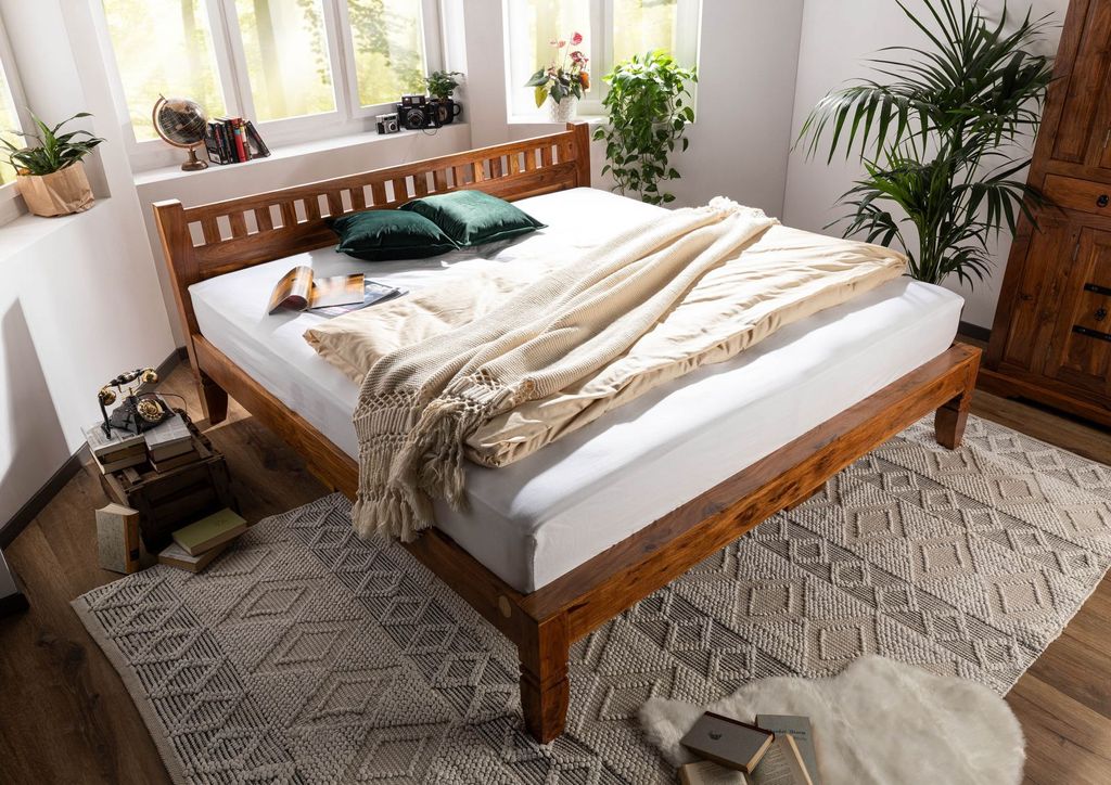 MASSIVMOEBEL24 Bett Akazie 200x200x90 honig lackiert OXFORD #224