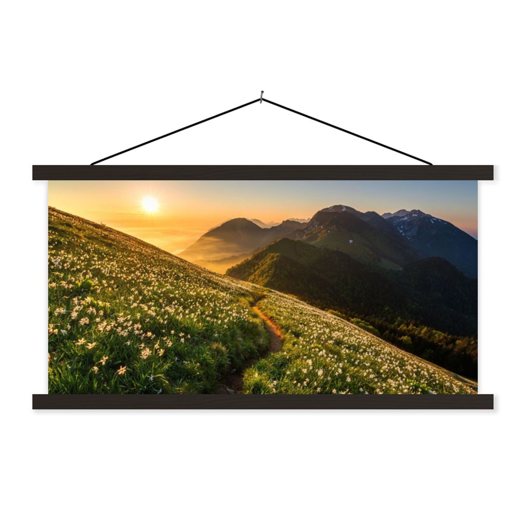 MuchoWow Textilposter Blumen - Sonne - Berge 120x60 cm mit schwarzem Rahmen - Dekoration Schlafzimmer