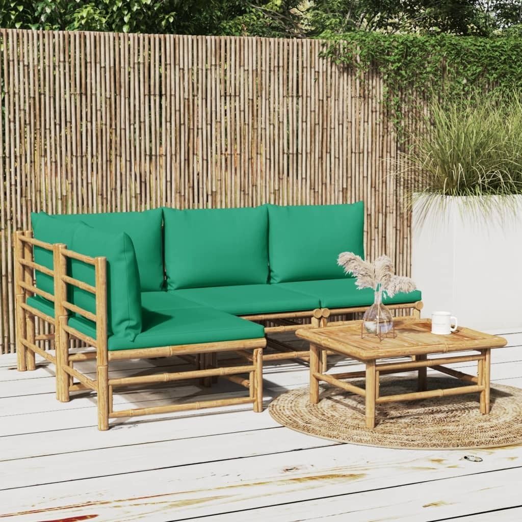 "Rabatt" 5-tlg. Garten-Lounge-Set - Wetterfestes Sitzgruppe - für 4 Personen - mit Grünen Kissen Bambus - Lounge-Dining set CC7574
