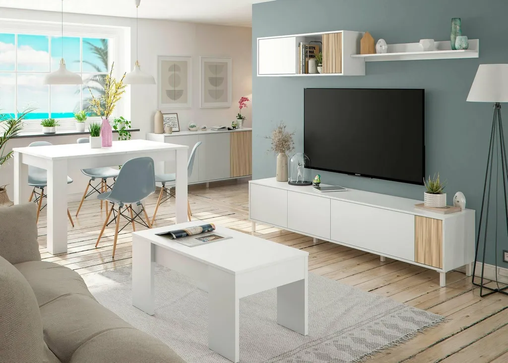 Grand Banc TV Blanc 200 cm Banari - Buffet Bas Salon 6 Compartiments