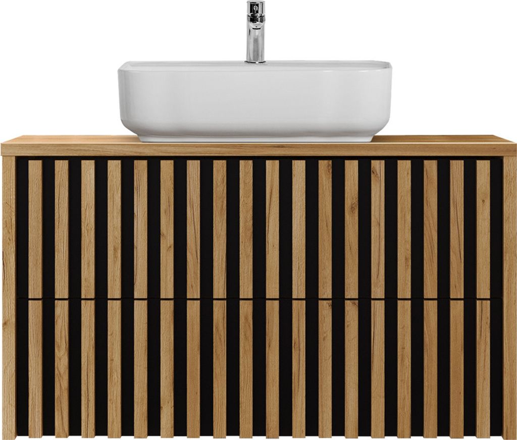 Waschtisch mit Unterschrank 100 cm, Keramik Waschbecken LUCCA-107 in Eiche Nb. mit schwarz, Lamellenfront, B/H/T: ca. 100,4/76,5/45,5 cm