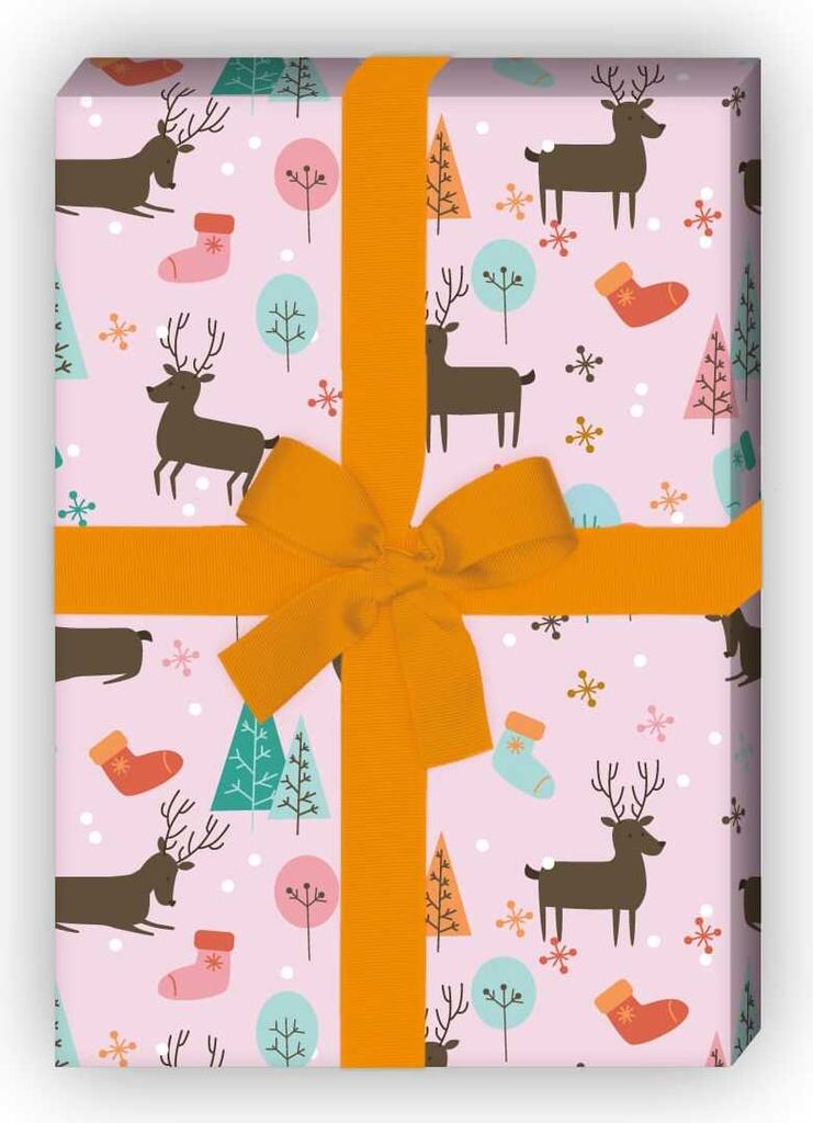 Niedliches Geschenkpapier mit Hirschen im Wald in rosa - G6324, 32 x 48cm