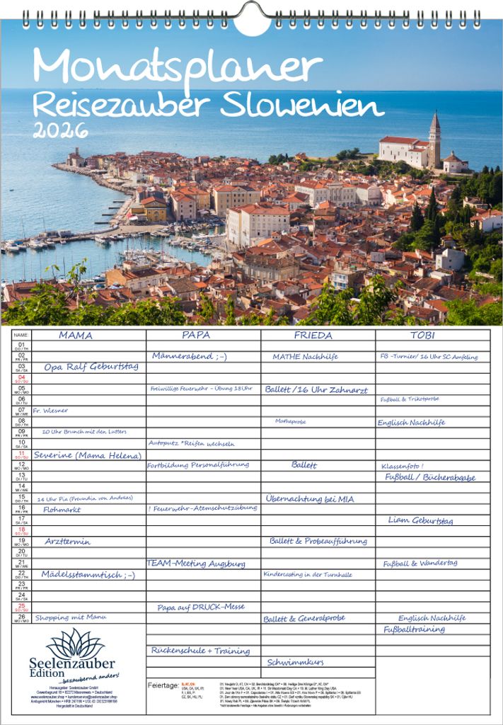 Reisezauber Slowenien Planer Familienplaner 4 Spaltenplaner DIN A3 Kalender für 2026 Urlaub Reise Stadt und Land - Seelenzauber