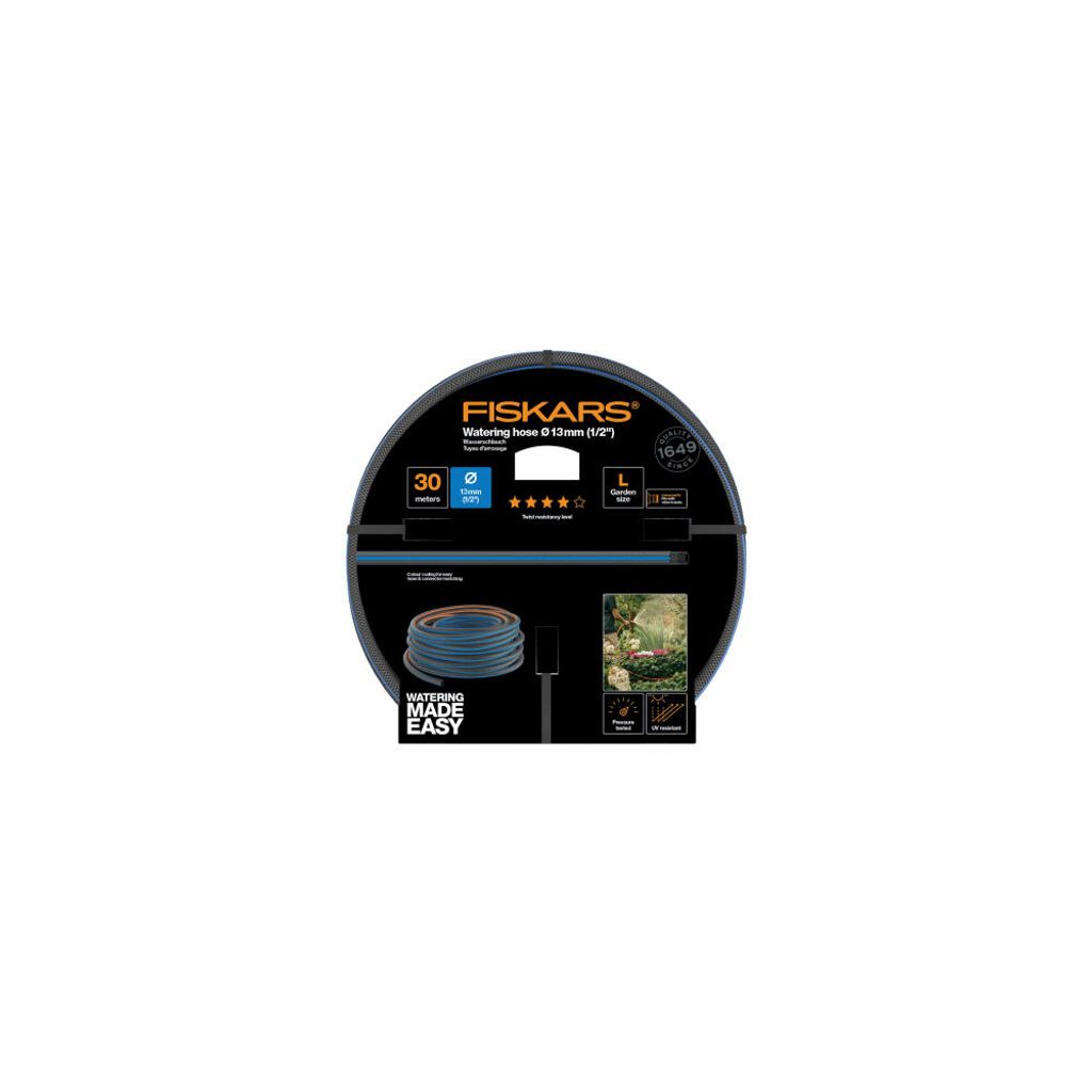 Fiskars Wasserschlauch L, UV-geschützt, Druck, Verwindungssteifigkeit Stufe 4 (von 5), 30 m, Ø 1,3 cm (1/2''), 4,2 kg, Schwarz/Orange/Blau, 1027105