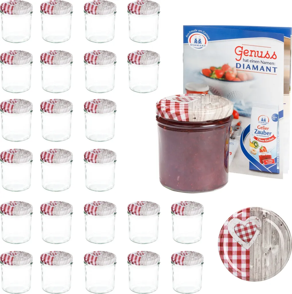 Set Conserve: 25 Bicchieri Vetro 350ml Tappo Cuore Legno e Ricettario