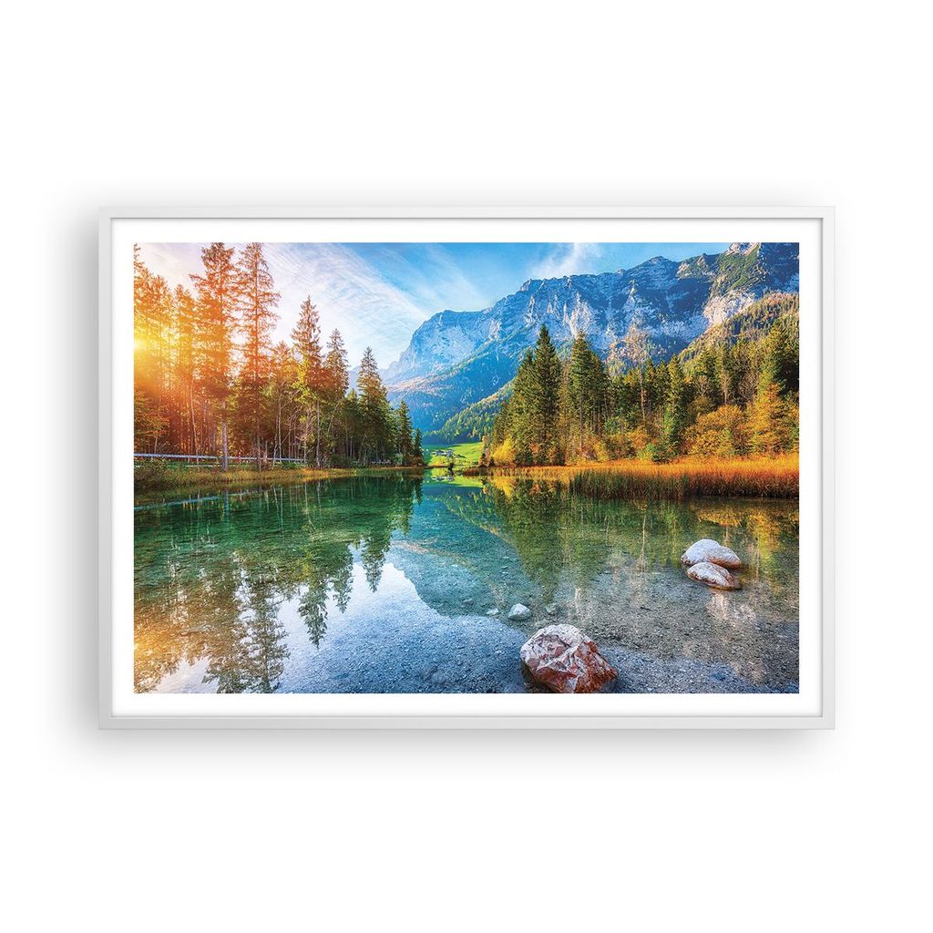 Gerahmtes Poster - Weißer Rahmen - Landschaft Berge Morgendämmerung - 100x70 cm - Wand Bild - Wanddeko - Wandbilder - Kunstposter - Wandposter - ...