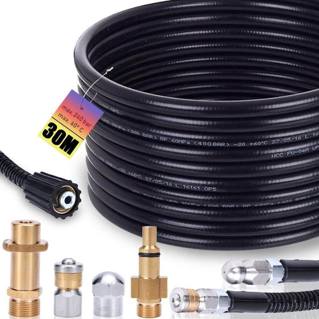 Rohrreinigungsschlauch Set 30m, 240 bar inkl. M22 Adapter, Düsen starr+rotierend für K2, K3, K4, K5, K6, K7 Lavor Hochdruckreiniger Hochdruckschl...