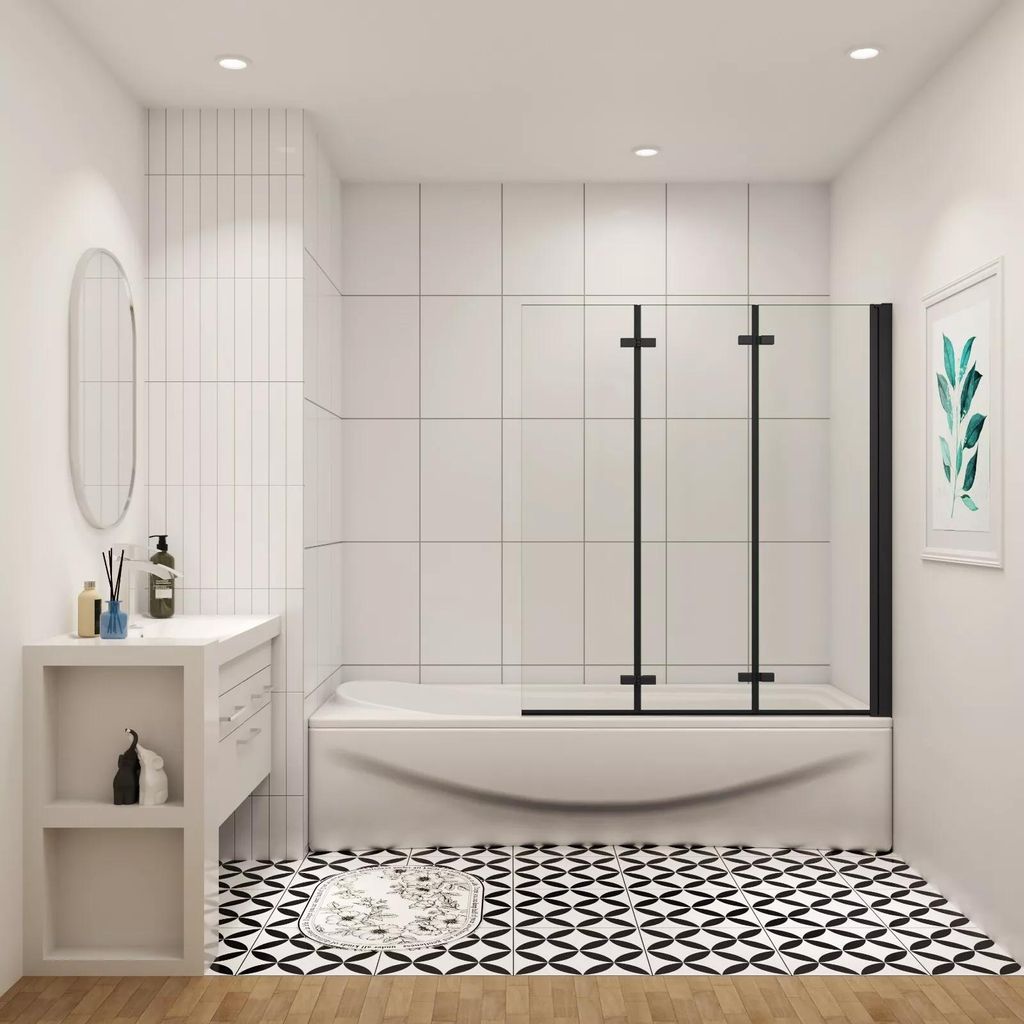 130x140cm Badewannenaufsatz Faltwand Mattschwarz 6mm NanoGlas 3-teilig faltbar für Badewanne Hebesenkfunktion beidseitige Montage