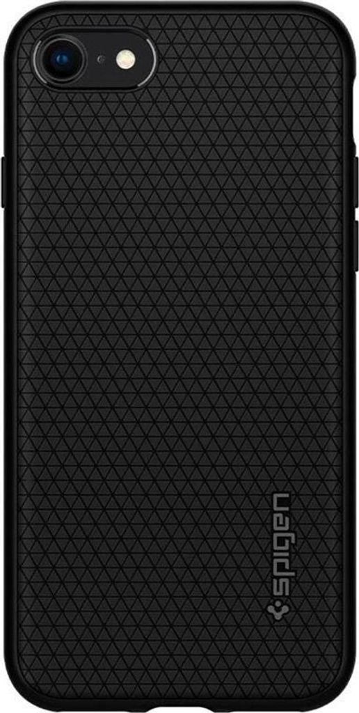 A black Spigen phone case is shown from the back.