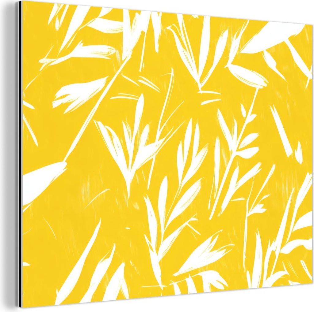 MuchoWow Wanddekoration Metall Metallbild Wandkunst 80x60 cm Abstrakt - Blätter - Gelb - Pinselstriche MuchoWow Aluminium Gemälde - Alubild