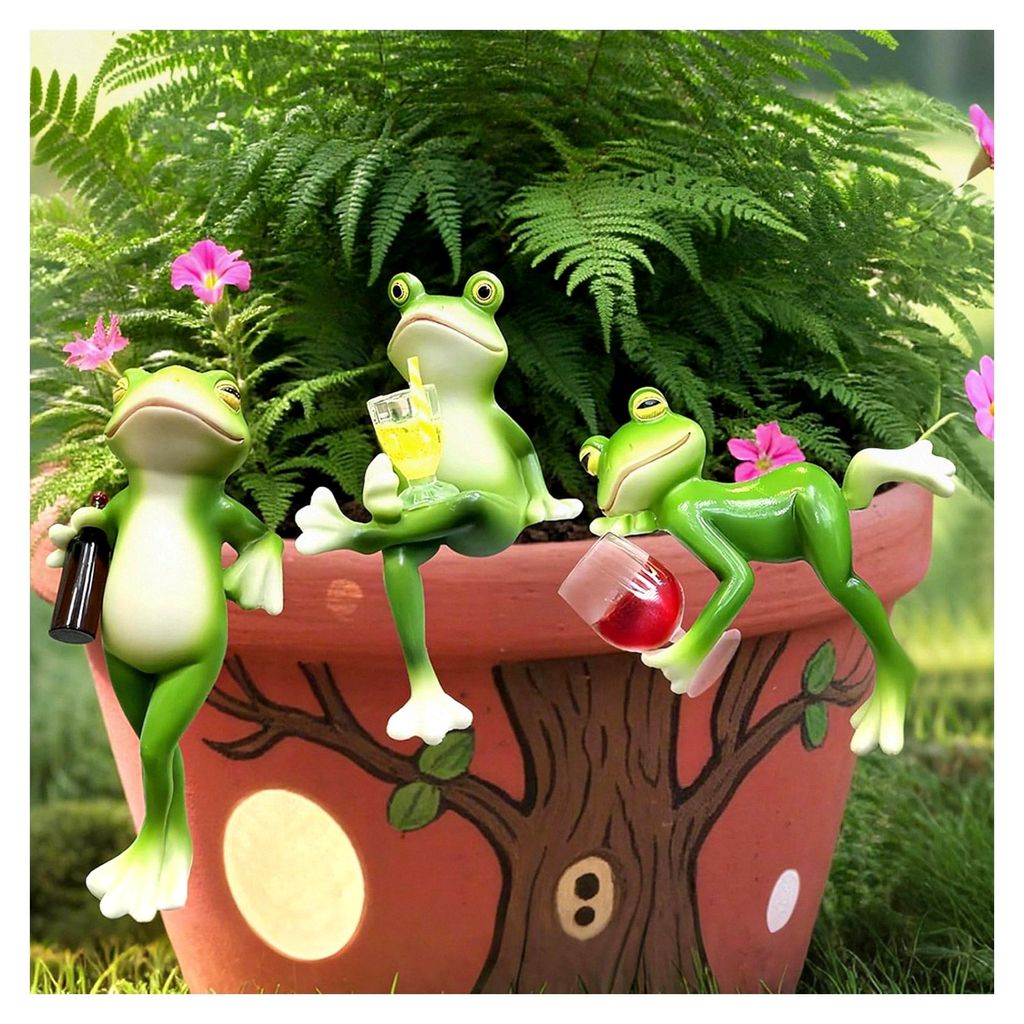 3 Stück Garten Deko Frosch Figuren für Draußen, Blumentopf Hänger Frösche, Gartenfigur Gartendekoration, Frösche Gartenfiguren Harz Statue