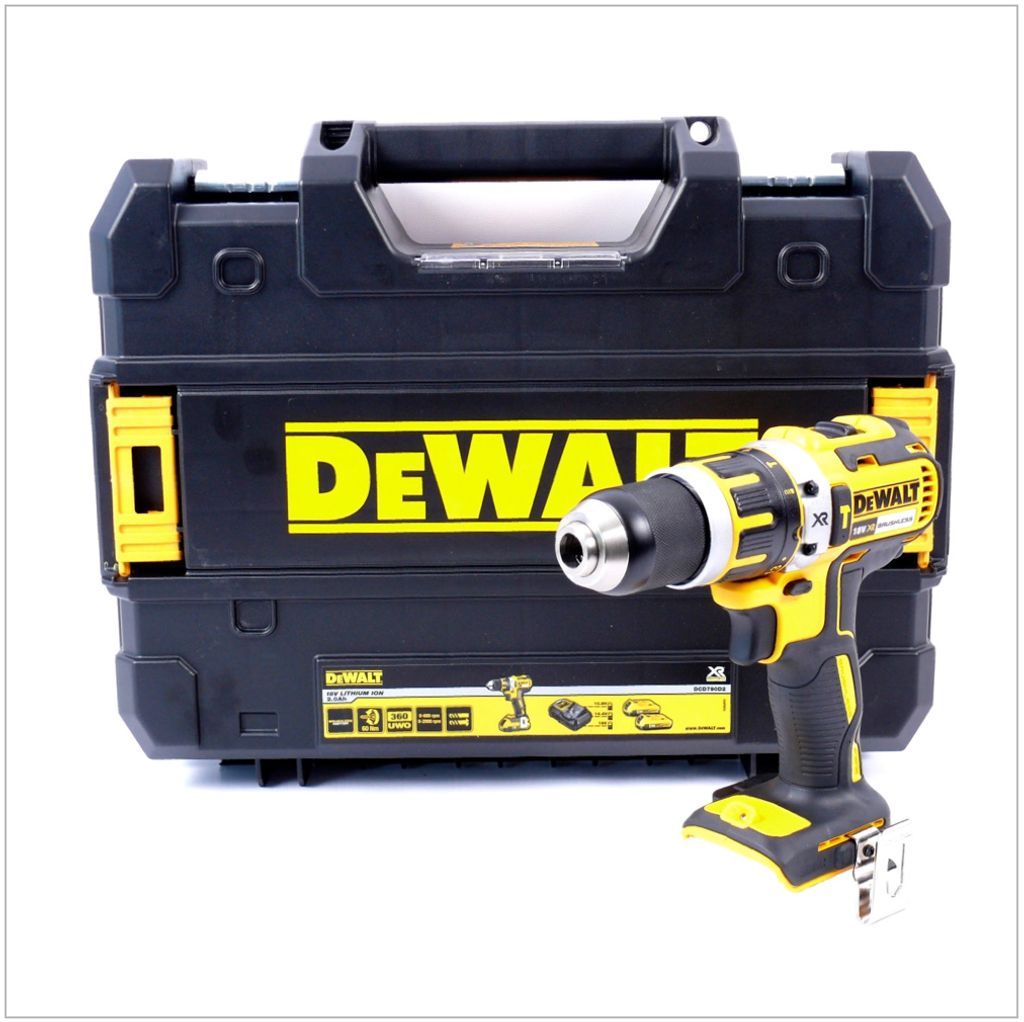 A DeWALT drill and its case are displayed against a white background.