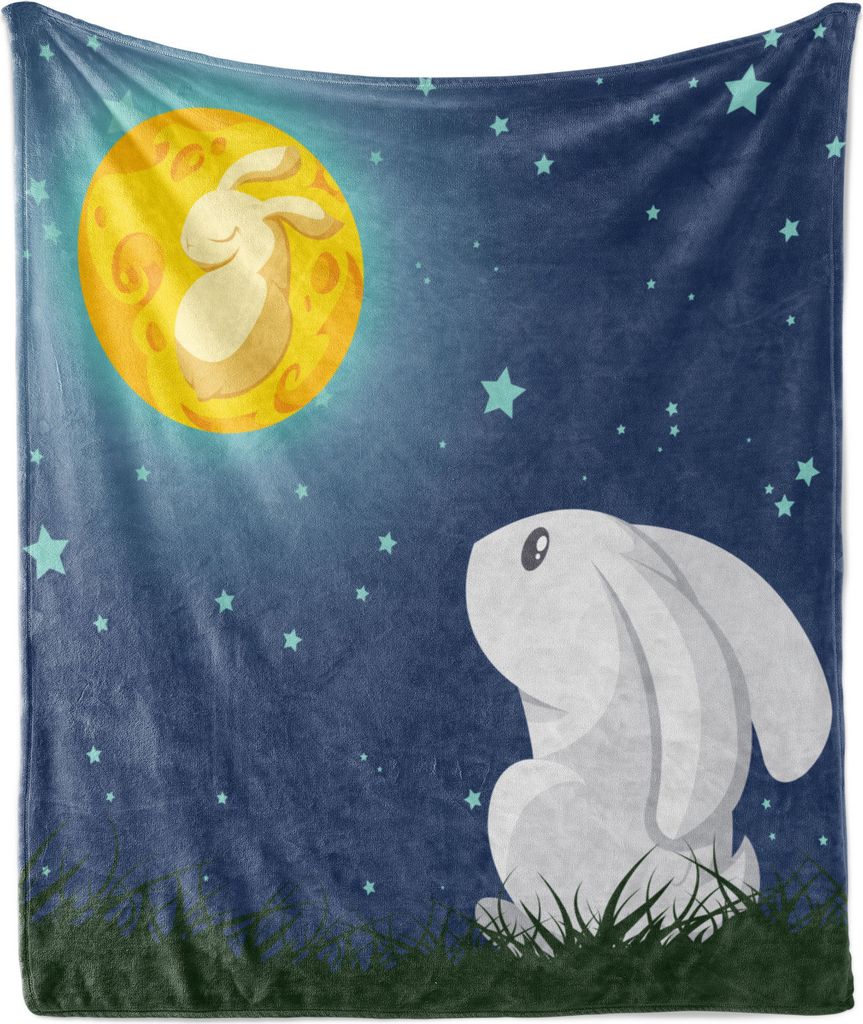 ABAKUHAUS Hase Weich Flanell Fleece Decke, Cartoon Illustration eines Kaninchen Starren auf dem Mond Denken in der Nachtzeit, 175 x 230 cm, Mehrfarbig
