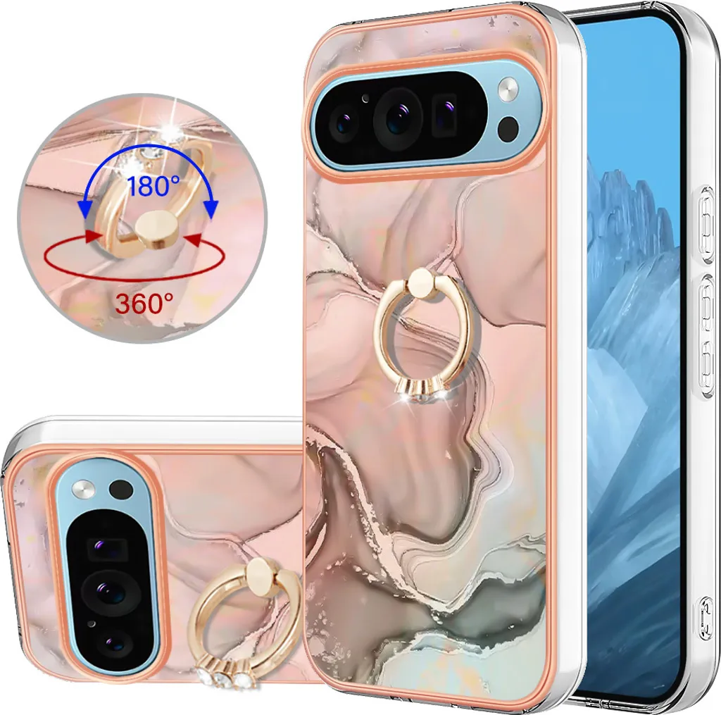 Custodia per Google Pixel 9, custodia protettiva in silicone TPU a fantasia con supporto ad anello Beige
