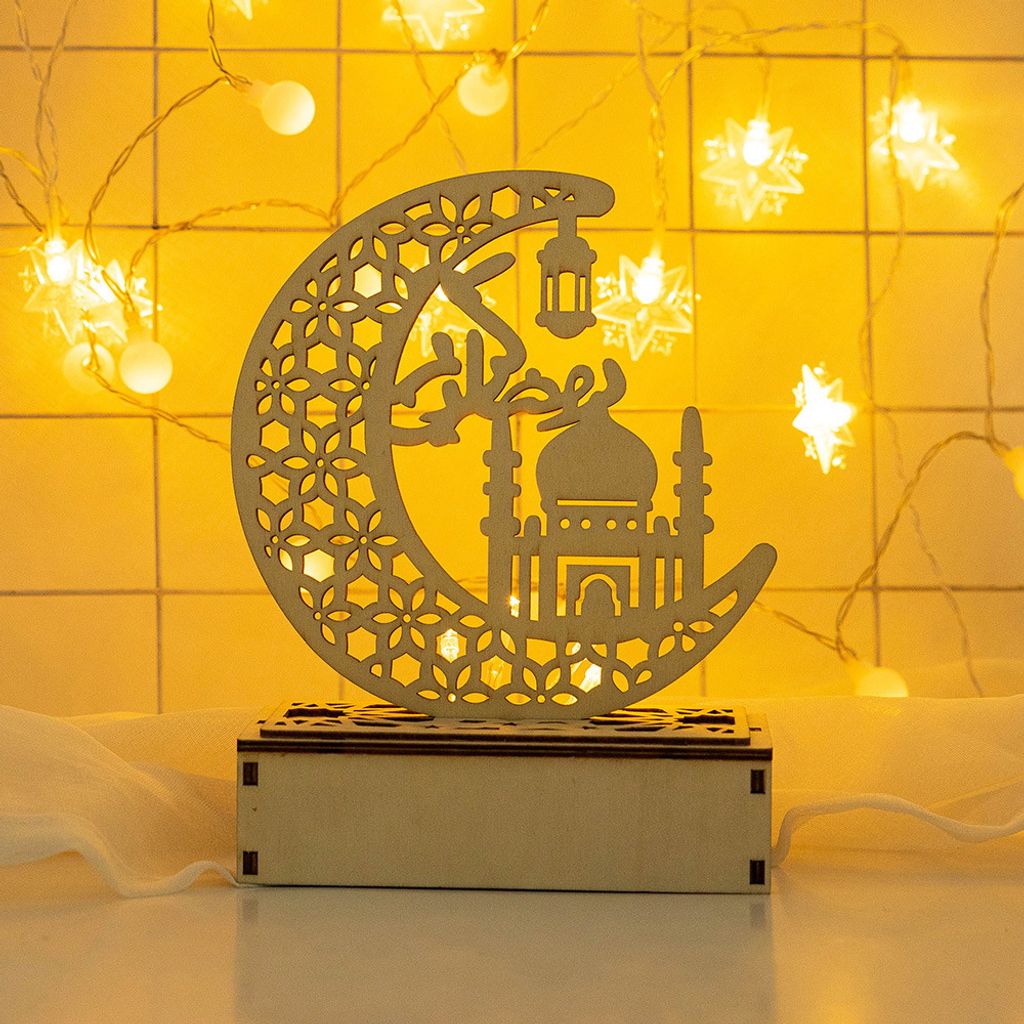 LED Holz Mond Lampe Nachtlicht Muslim Ramadan Eid Mubarak Deko Tischdekoration Dekoleuchten