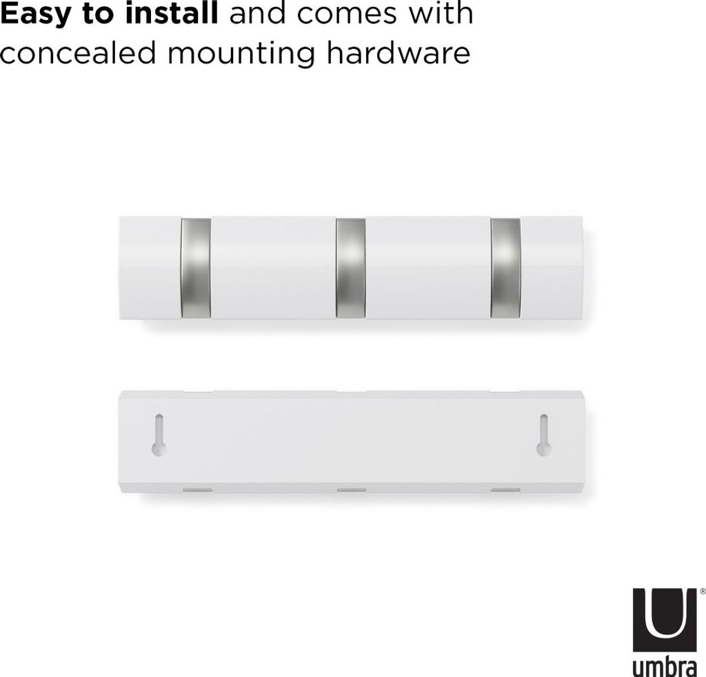 A white UMBRA Flip Hook 3-hook rack is shown with its mounting hardware.