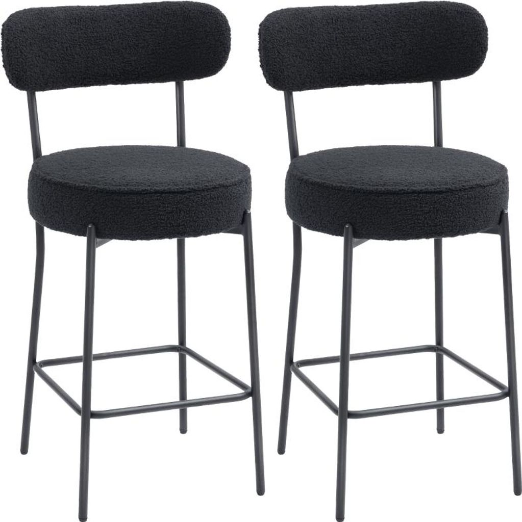 Fortuna Lai 2er-Set Barstühle mit Polstersitz und Fußstütze, Fleece-Bezug, Metallrahmen, Schwarz
