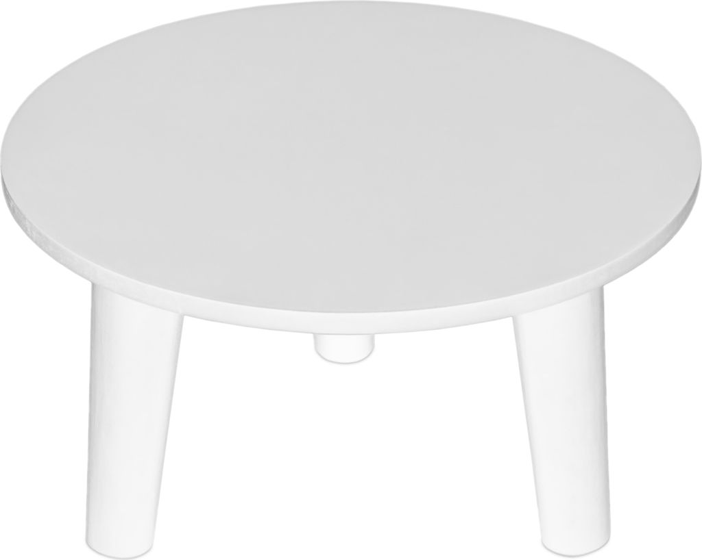 A white round plant stand with three legs on a white background.