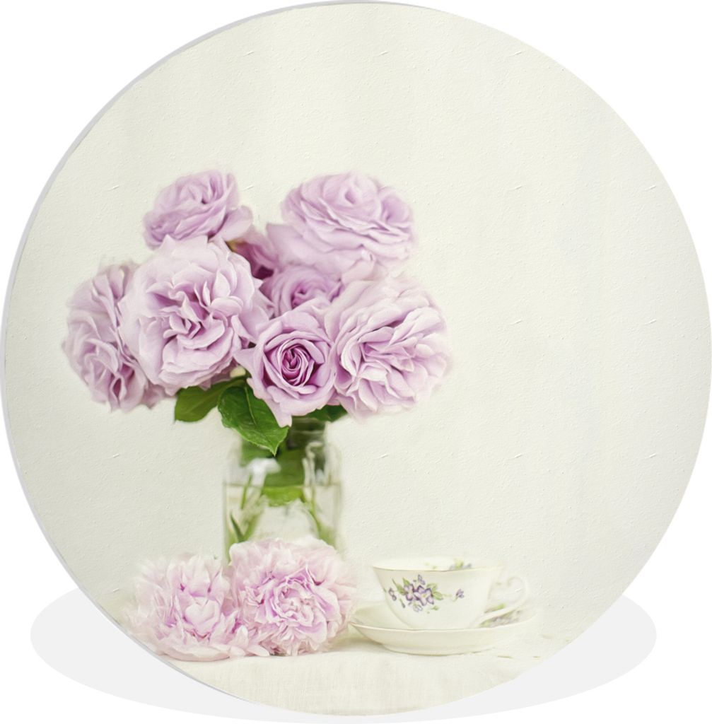 MuchoWow Rundes Wandbild - Runde Bilder Blumenstrauß aus rosa Pfingstrosen an einer Teetasse Ø 60 cm Kreis Wanddekoration Kunststoff - Wandkrei...