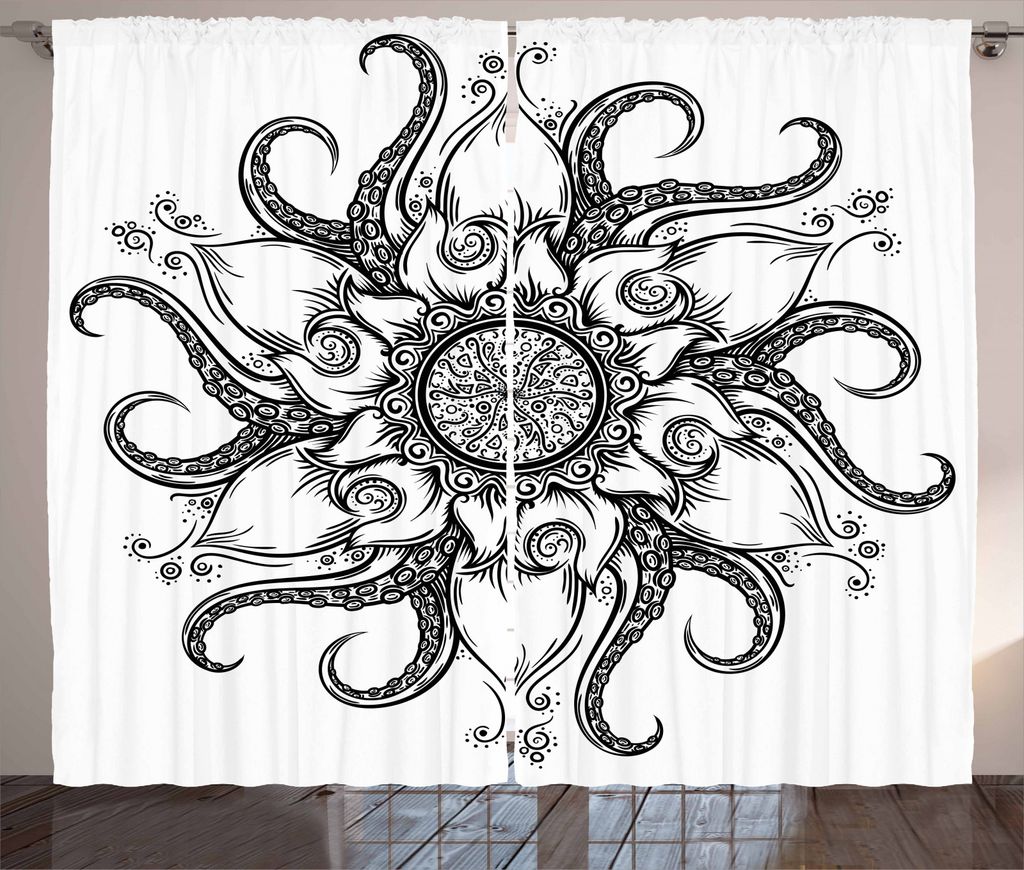 ABAKUHAUS Tintenfisch Rustikaler Gardine, Nautical Mandala-Kunst, Schlafzimmer Kräuselband Vorhang mit Schlaufen und Haken, 280 x 245 cm, Weiß Sc...
