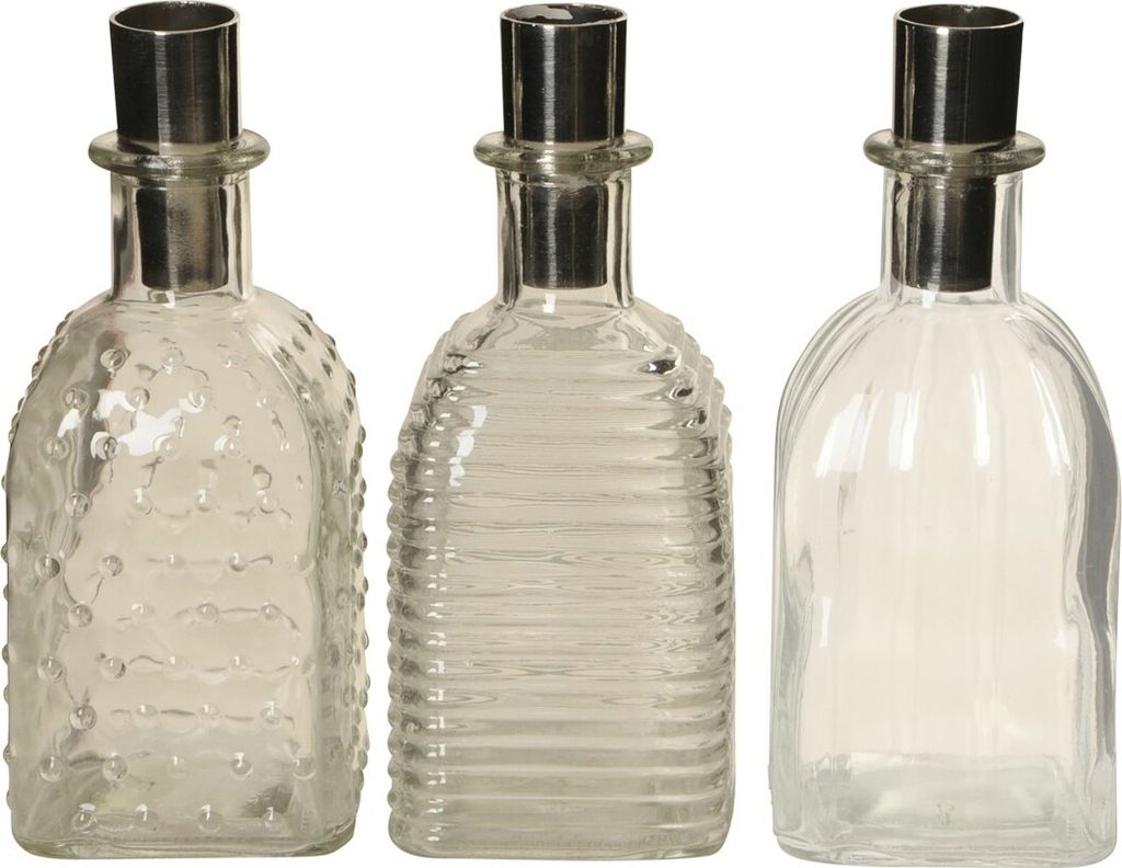 Glasflasche Kerzenhalter Flasche Glas 3erSet klar/grau Ø6,5x6,5cm H15,5cm Deko