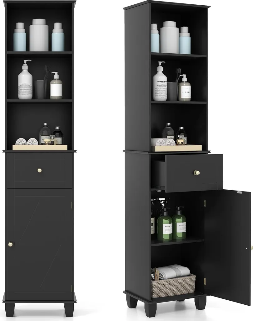 Armoire Haute 3 Étagères et Tiroir Noir pour Rangement Salle de Bain