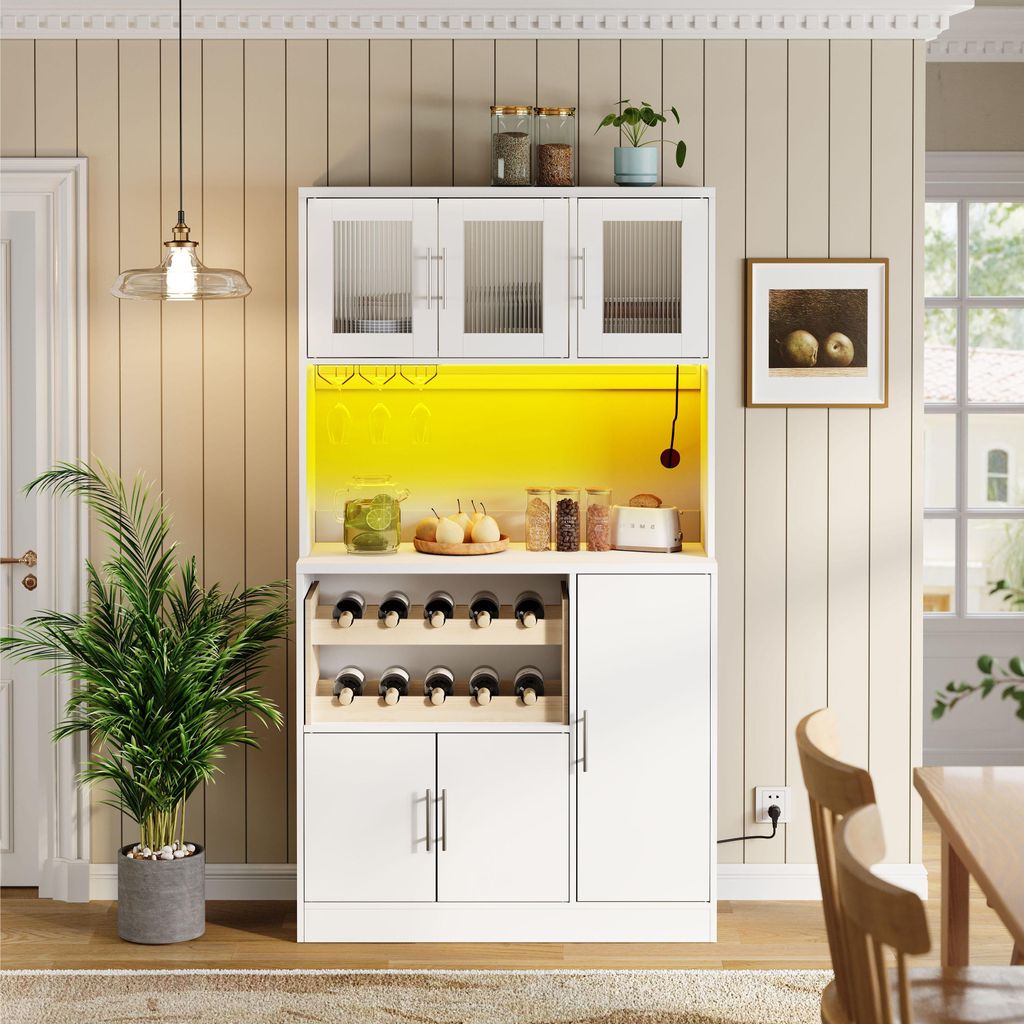 Kitchen Pantry Cabinet 100x40x180 cm, weißer Küchenschrank mit RGB-LED & Steckdose, hoher Vorratsschrank mit Weinglashalter, Weinregal & Glasfron...
