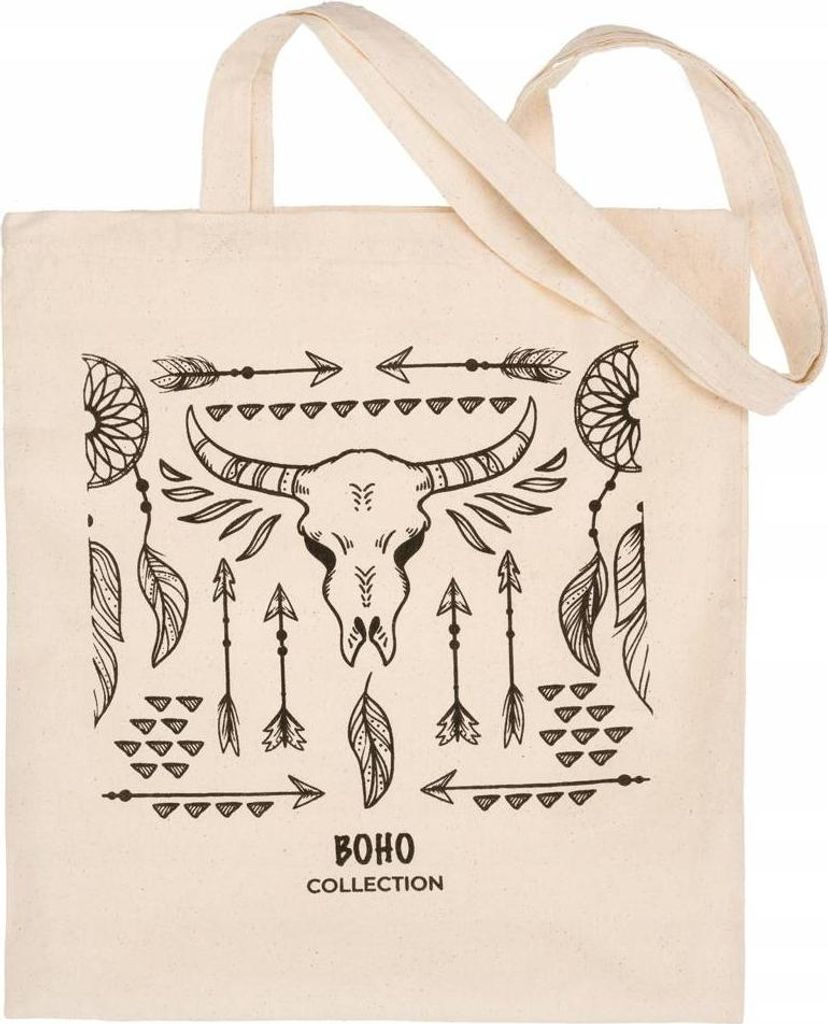 A beige canvas tote bag with a black bohemian-style print featuring a bull skull, arrows, and feathers.