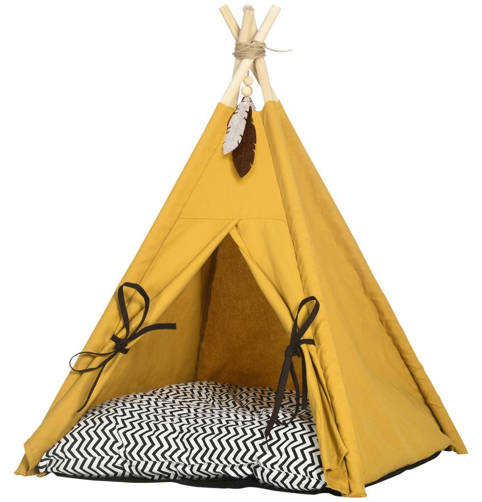 PawHut kattenhol, kattenhuis, dierenbed in tipi-stijl, geel Productafbeelding 