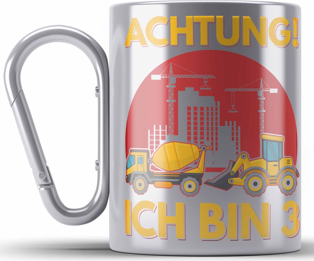 Trendation - Achtung Ich Bin 3 Edelstahl Tasse Karabiner Geschenk 3-Jähriger Junge Bagger Geschenkidee Sohn (Silber)