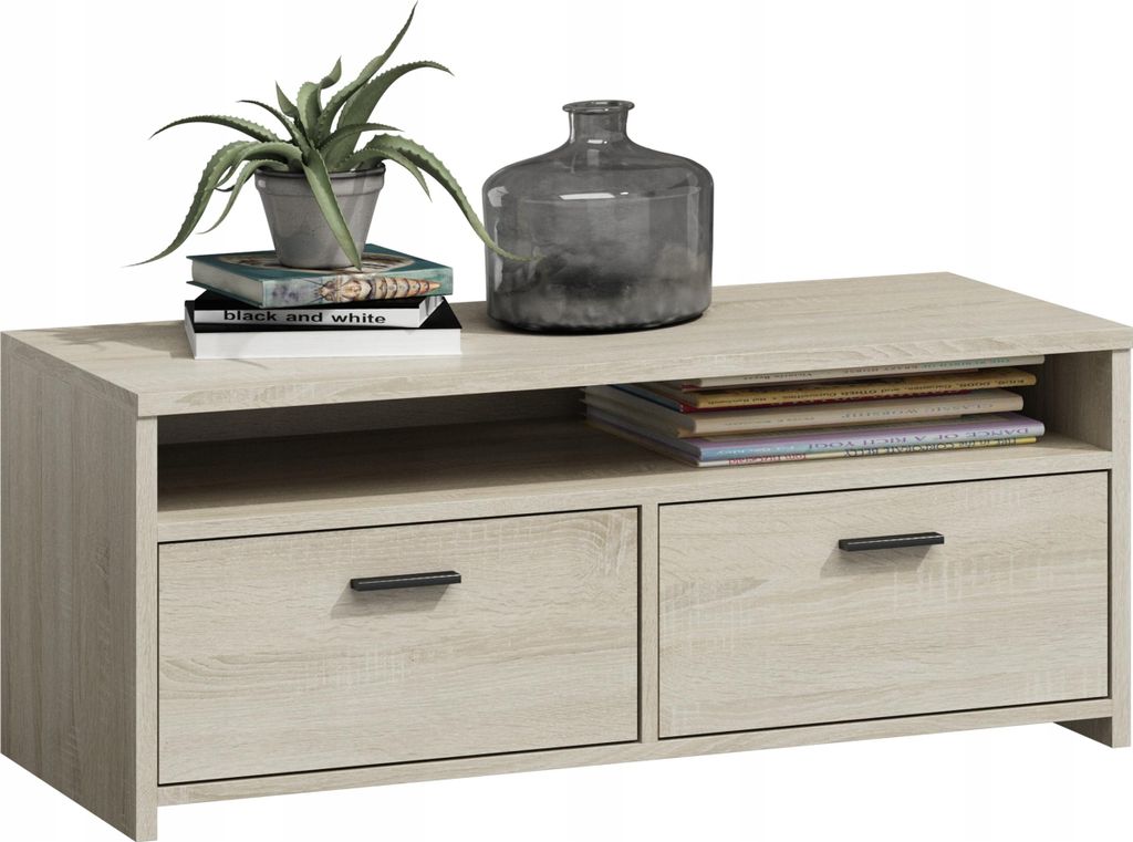 MATKAM Fernsehkommode Mili H 44 x B 100 x T 45 cm, laminierte Möbelplatte 18 mm, ein offenes Regalfach, satinierte Griffe (Sonoma Eiche)