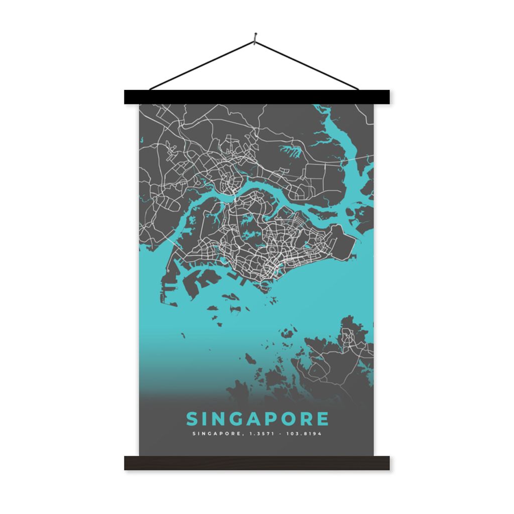 MuchoWow Textilposter Stadtplan - Blau - Singapur - Karte 60x90 cm mit schwarzem Rahmen - Poster Wohnzimmer
